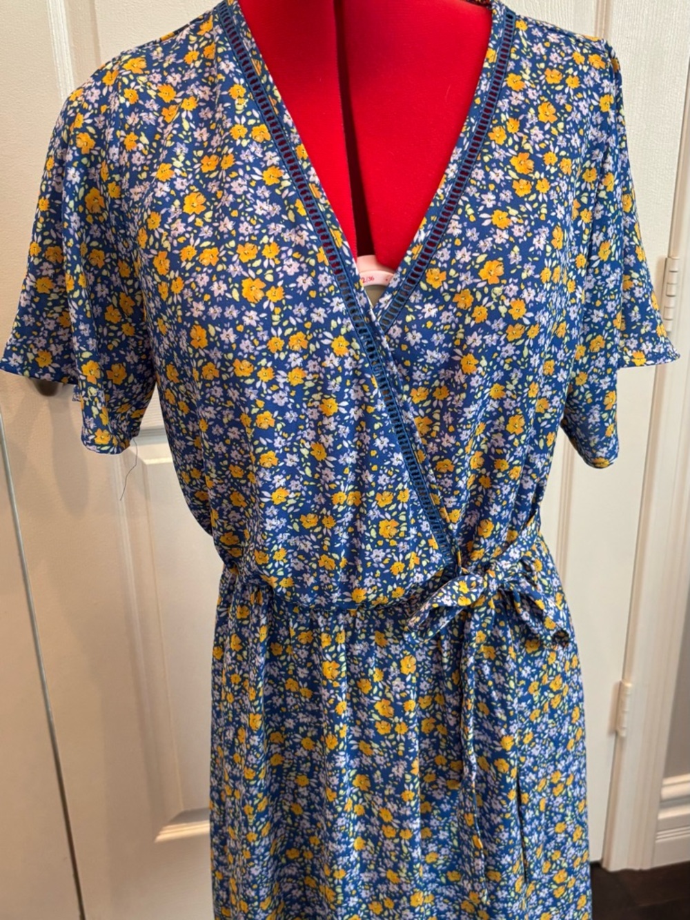 Blue Floral Wrap Dress with Yellow Accent - Women